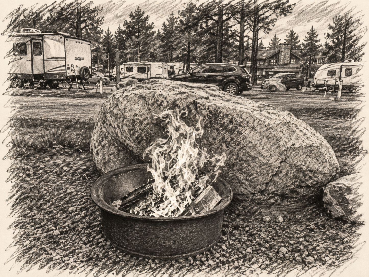 Campfire at a Family Fall Fest campsite with campers and RVs nearby