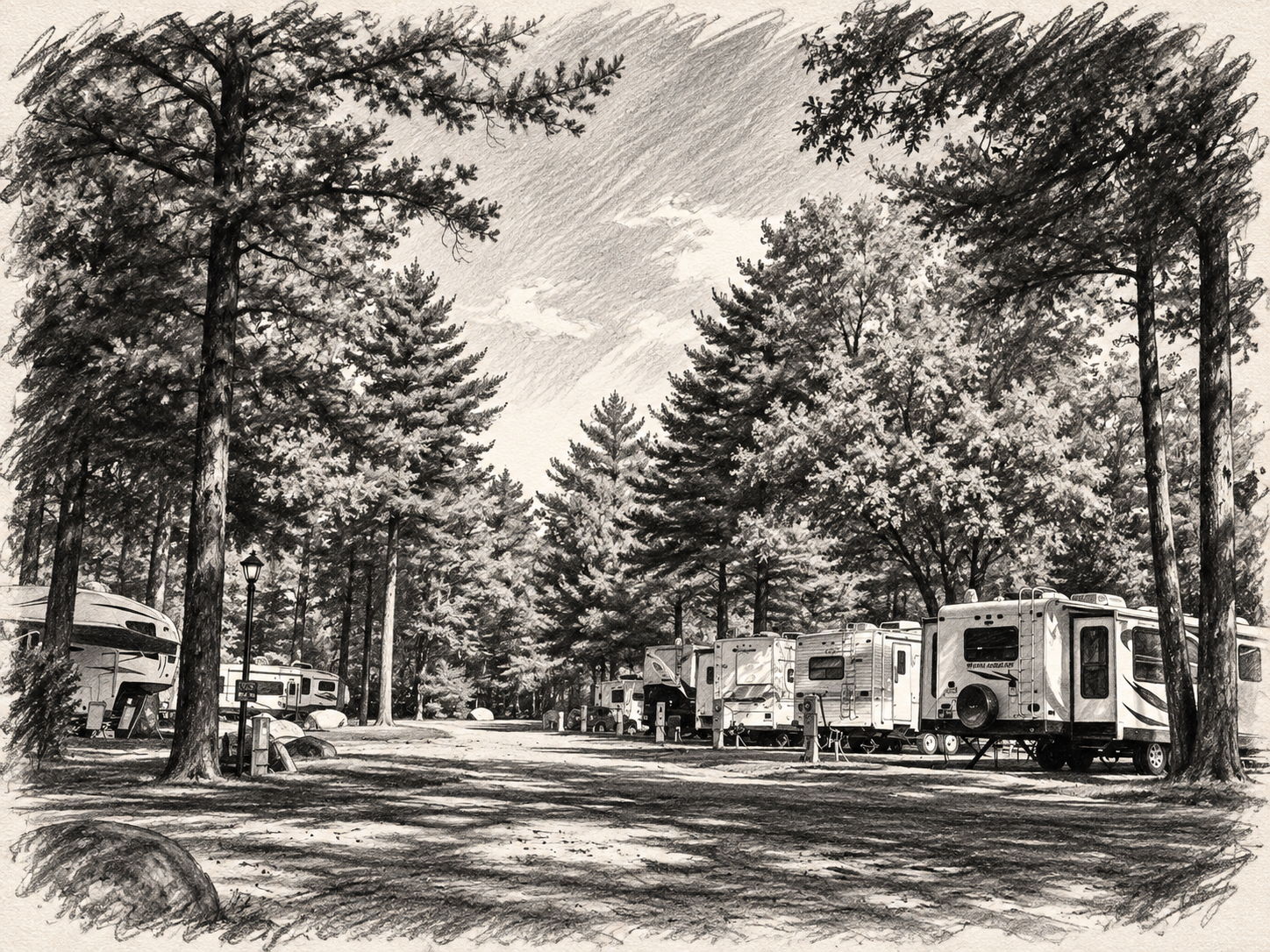 Charcoal illustration of campsites at Normandy Farms Family Camping Resort