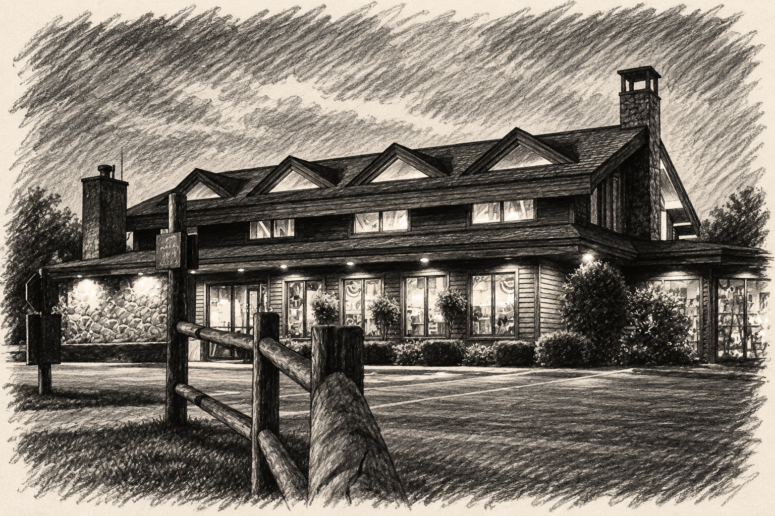 Charcoal illustration of the Normandy Farms camp store