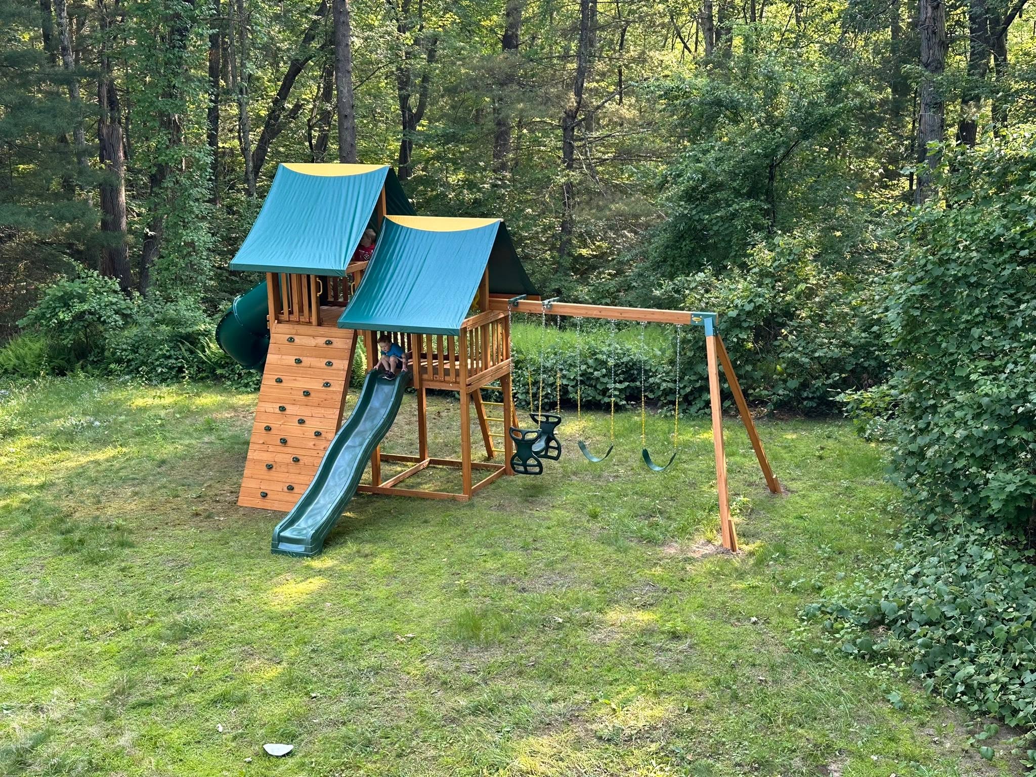 Wooden backyard playset with swings and slide surrounded by trees